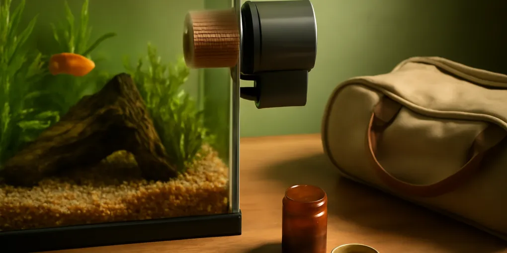 Photorealistic aquarium with an automatic fish feeder mounted on the rim and small tropical fish in clear water