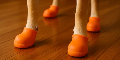 Close-up of a dog wearing orange anti-slip socks on hardwood floor with natural light