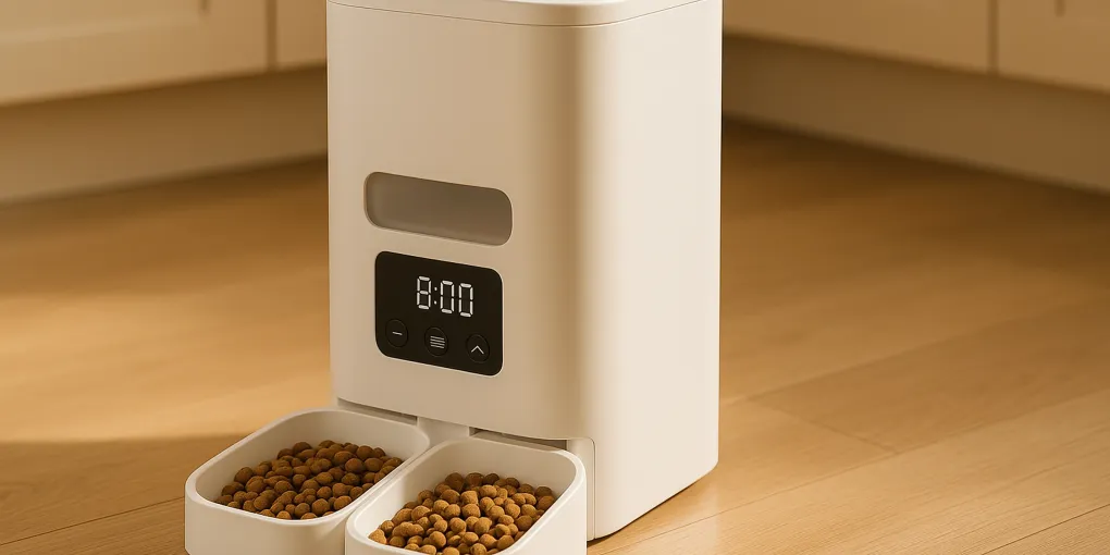 Automatic cat feeder dispensing dry kibble into bowl with tabby cat waiting