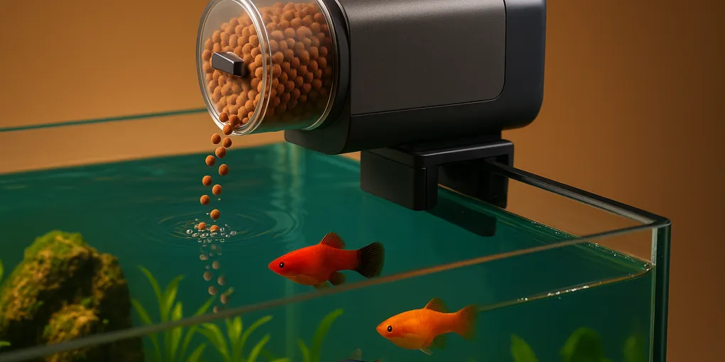 Automatic fish feeder mounted on a glass aquarium dispensing food into the water