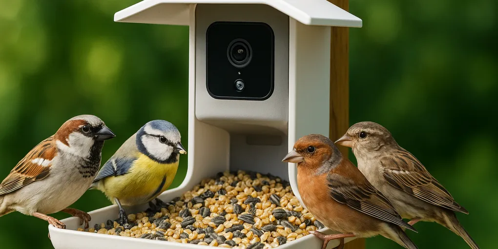 Smart bird feeder with integrated camera mounted outdoors with a bird perched on it