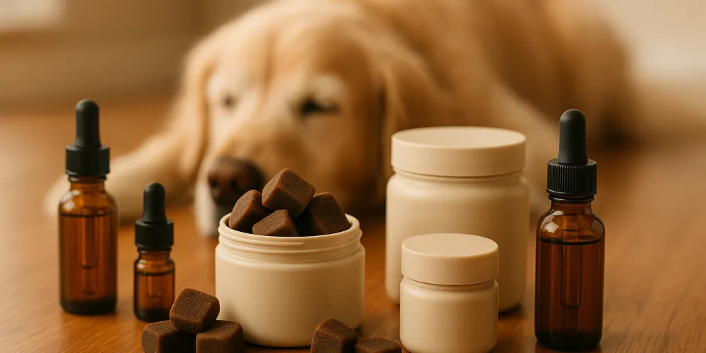 Calming supplement chews and bottles on warm wood surface with natural light