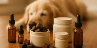 Calming supplement chews and bottles on warm wood surface with natural light