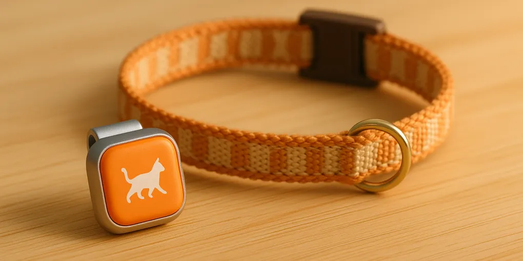 Lightweight cat activity tracker clipped to a cat collar with smartphone app dashboard visible