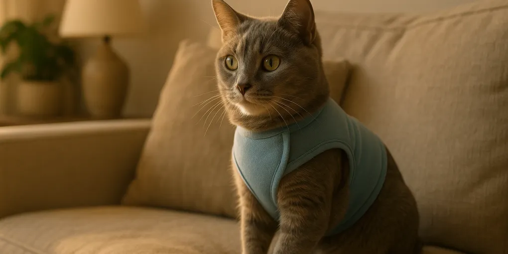 Cat wearing a gray anxiety vest or wrap on a soft surface at home