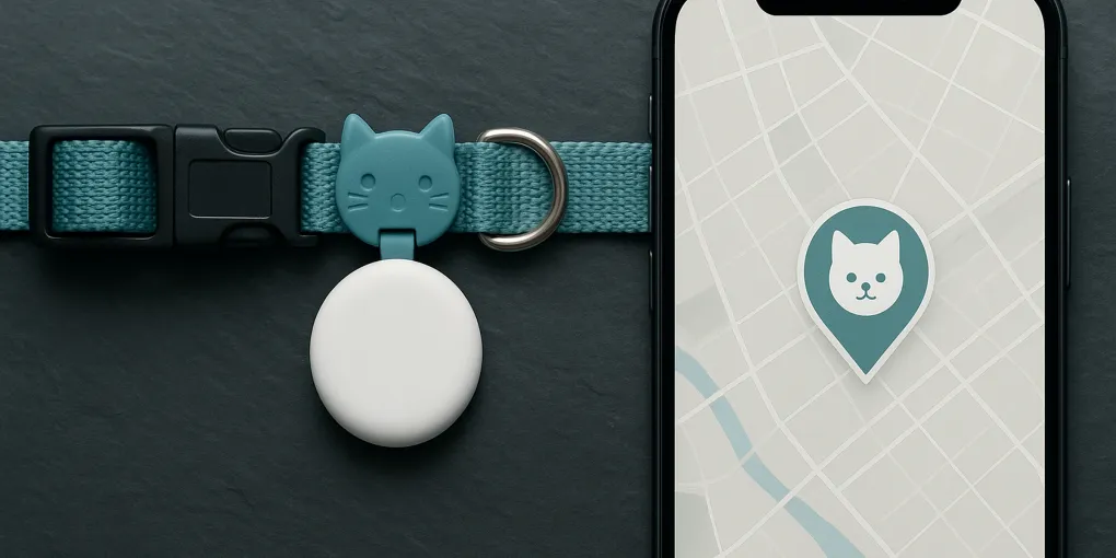 Small cat wearing a collar with a Bluetooth tracker tag attached sitting on a fence