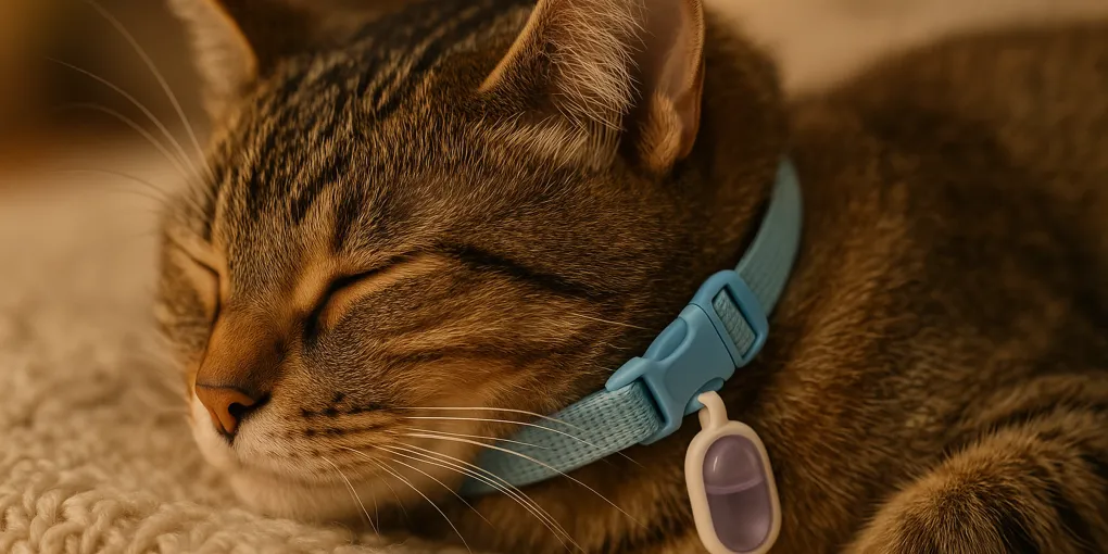 Cat wearing a purple calming collar resting peacefully on a couch