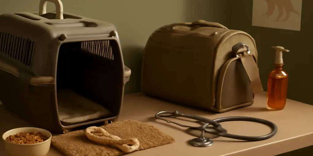 Photorealistic hard-sided cat carrier with a calm cat inside on a living room floor near a towel and veterinary paperwork