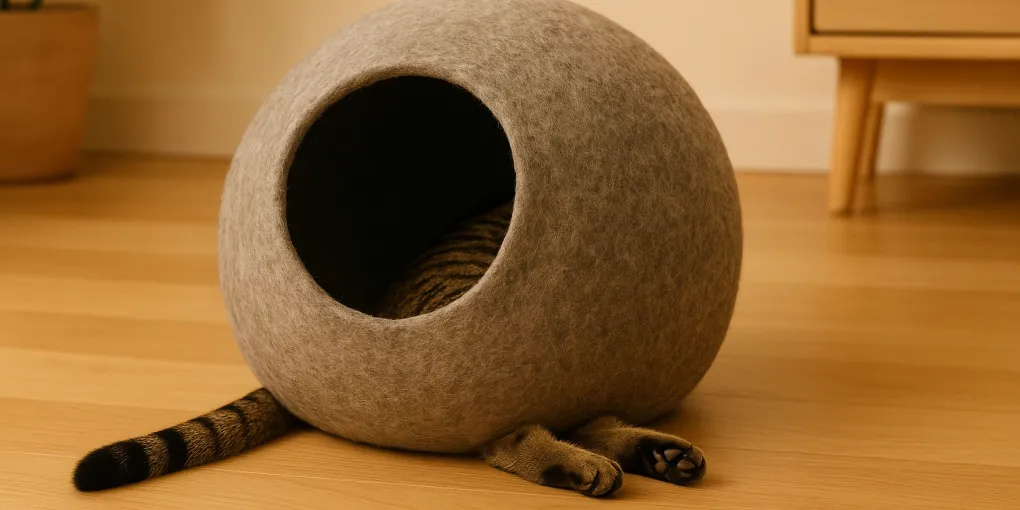 Tabby cat sleeping curled inside a round wool felt cat cave bed