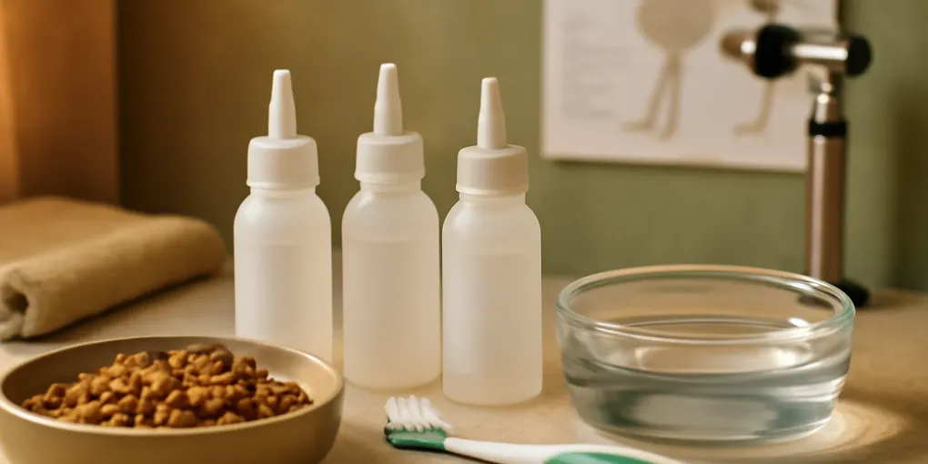 Cat water bowl beside dental water additive bottle and toothbrush supplies on a counter