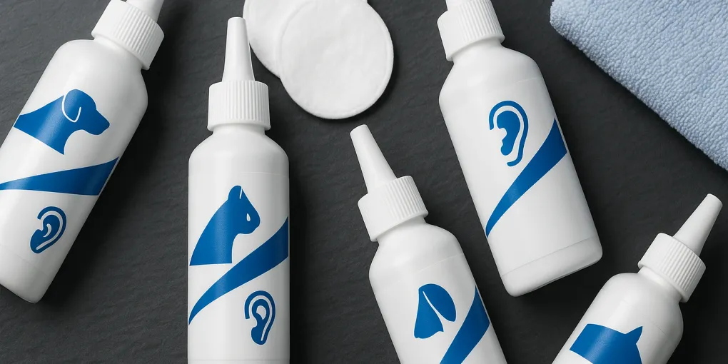 Cat ear cleaner bottle and cotton pads on a clean bathroom shelf