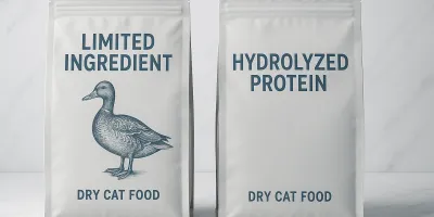 Cat food bag with limited ingredients beside a cat with healthy shiny coat