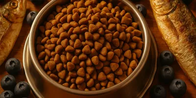 Premium dry cat food in a bowl surrounded by senior cat food packaging on a clean surface