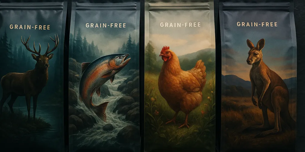 Premium grain-free cat food bag beside a healthy adult tabby cat