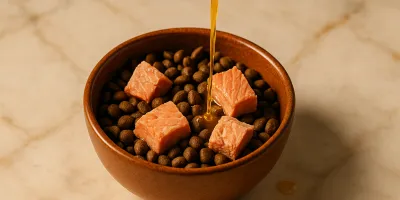 Cat food topper being sprinkled over a bowl of cat kibble