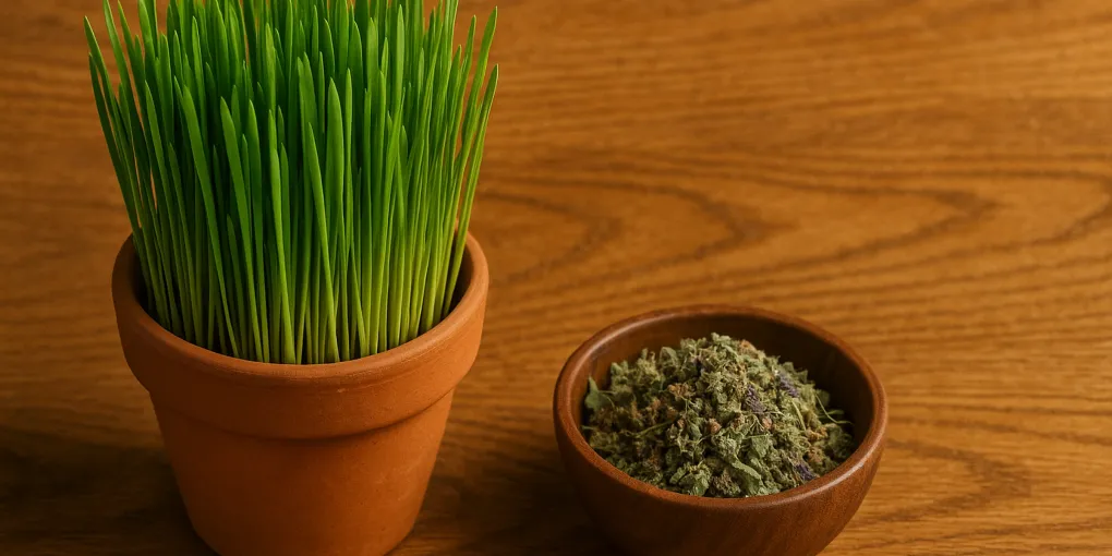 A pot of green cat grass beside dried catnip in a small bowl on a wooden surface