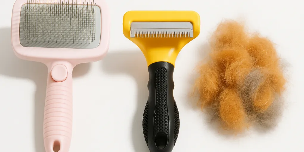 Cat grooming brush with collected fur on clean white surface, slicker brush design