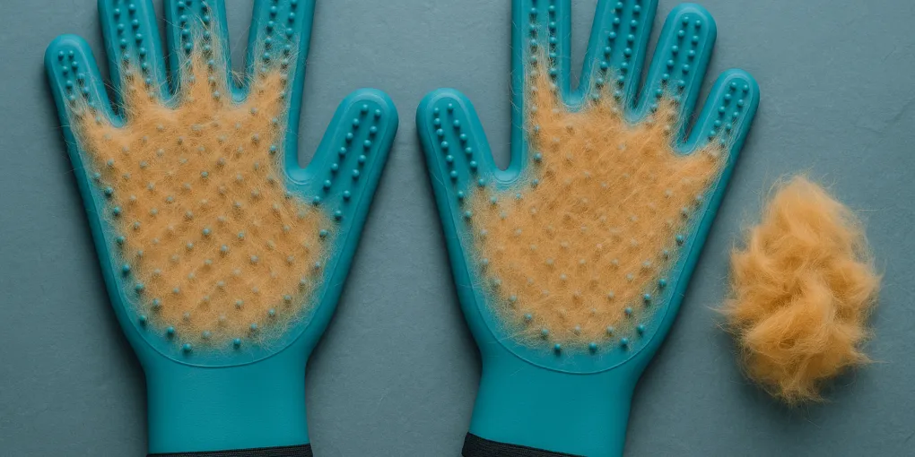 Blue silicone grooming glove with cat hair collected on nubs on a clean surface