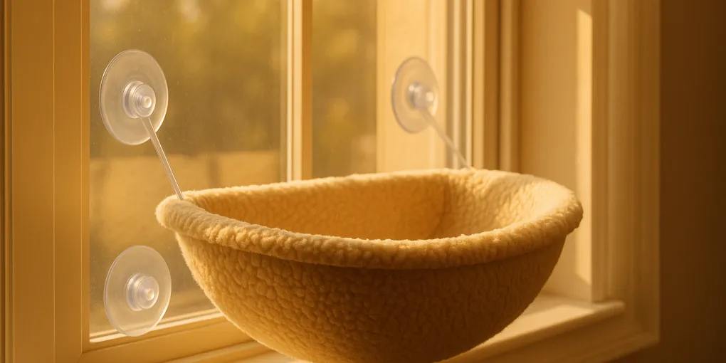 Cat resting in a window-mounted hammock perch with sunlight coming through the glass