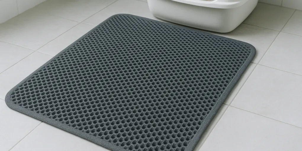 Gray textured cat litter mat placed in front of a litter box