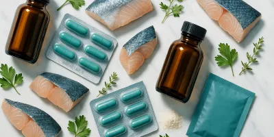 Cat supplement bottles and soft chews on a clean white surface with fresh fish and herbs