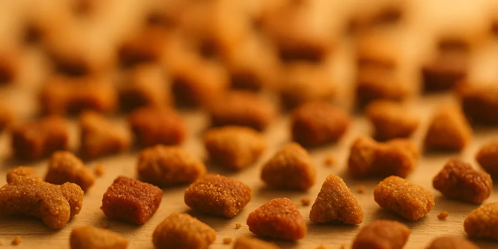 A handful of small cat treat pieces next to a sitting tabby cat
