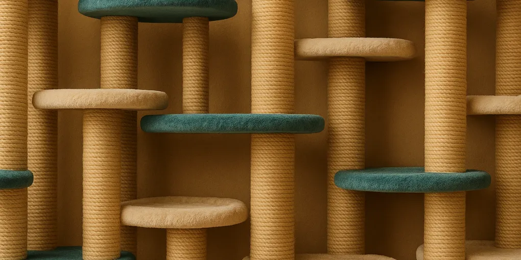 Tall multi-level cat tree with sisal posts and large platforms against a neutral wall