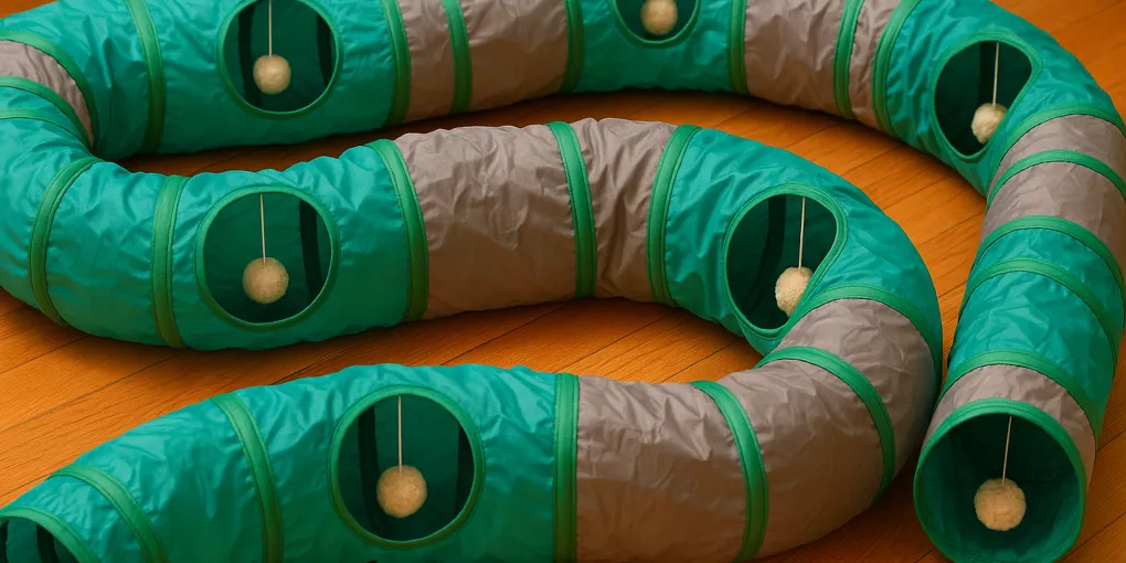 Colorful crinkle cat play tunnel on a hardwood floor with a cat toy visible at entrance