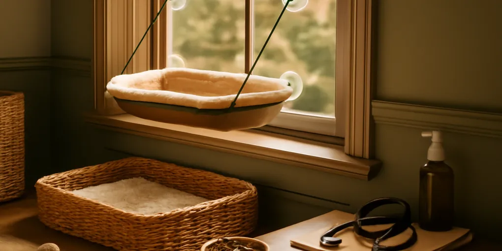 A relaxed indoor cat lounging on a secure window perch in a bright apartment window