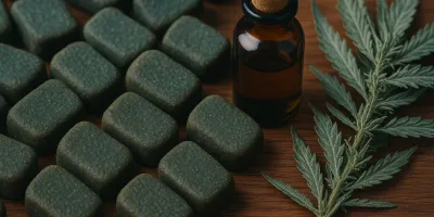 Natural CBD dog treats on a wooden surface with hemp leaves and a relaxed senior dog in the background