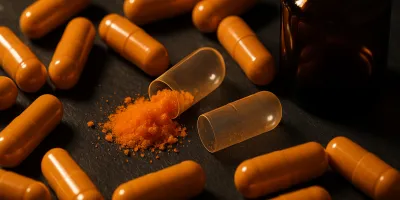 CoQ10 supplement capsules and soft chews on wooden surface with warm natural lighting