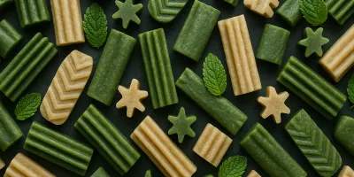 Green textured dental chews for dogs arranged on light surface with mint leaves
