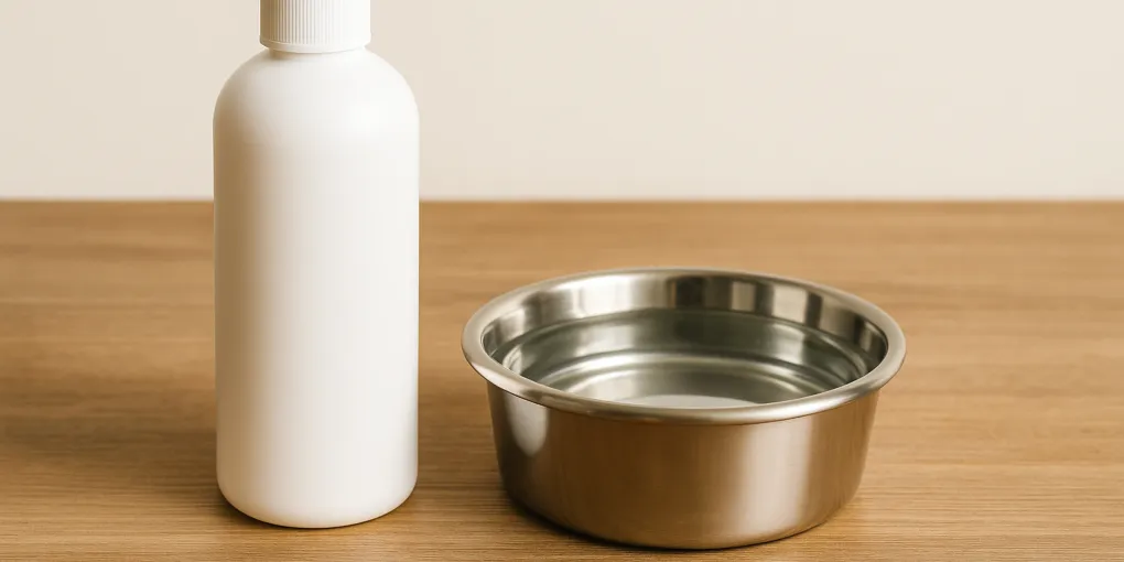 Dental water additive bottle next to a dog water bowl on wooden surface