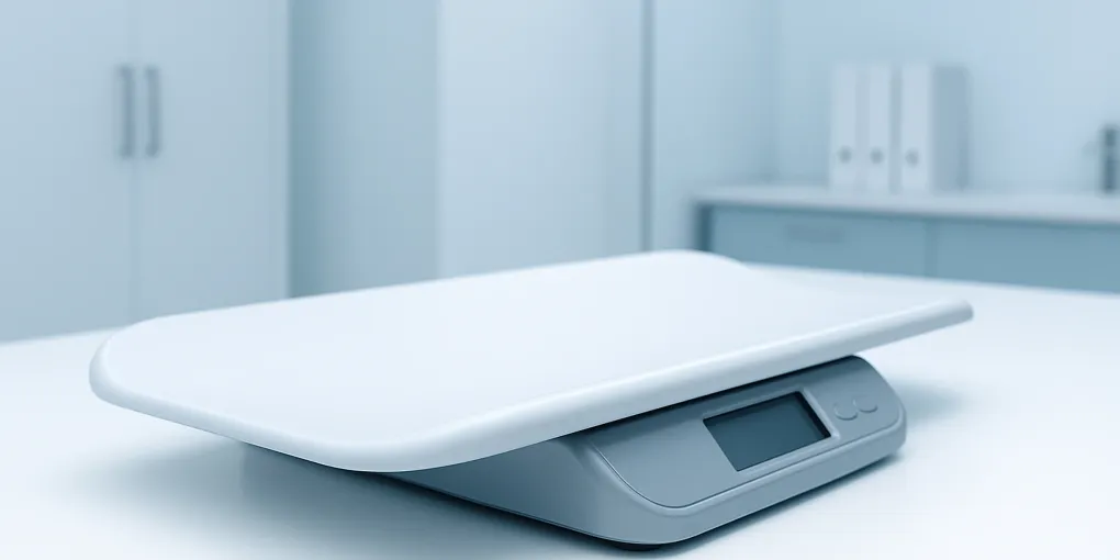 Orange tabby cat sitting on a flat digital scale with a weight reading visible on the display