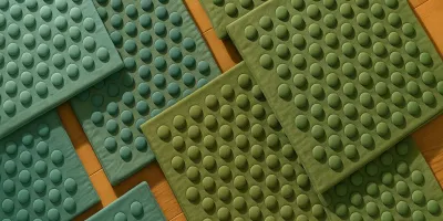 Teal foam therapy mat with rounded acupressure nodes on a clean wood floor with warm natural light