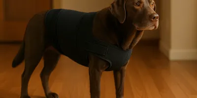 Dog wearing a back support brace, shown on a clean studio background with warm natural lighting