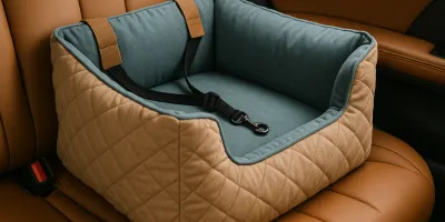Comfortable dog car seat with senior dog looking out window