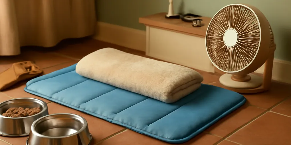 Photorealistic home scene illustrating a calm dog resting on a cooling mat in a bright climate-controlled living room