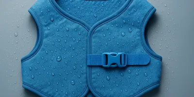 Senior dog wearing a blue cooling vest outside on a warm day, looking comfortable and relaxed