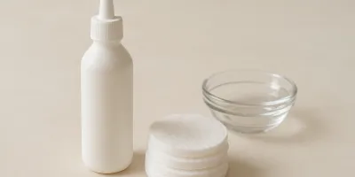 Dog ear cleaning solution bottle with cotton pads on clean surface