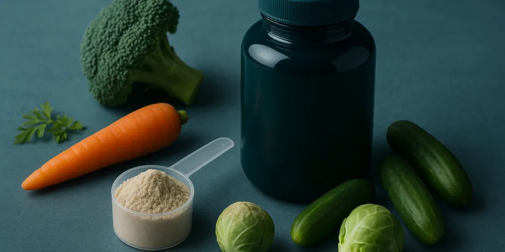 Dog supplement powder and supplement bottles with a fresh vegetable prop on a clean wood surface