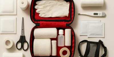 Dog first aid kit with medical supplies on clean surface