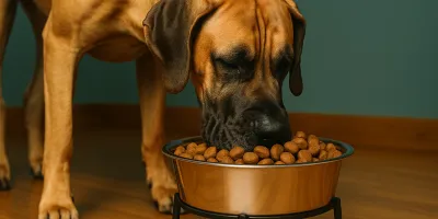 Great Dane adult dog eating from large elevated stainless steel bowl with premium giant breed dog food