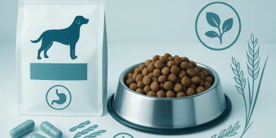 Veterinary prescription gastrointestinal dog food in clean clinic setting with dog food bag