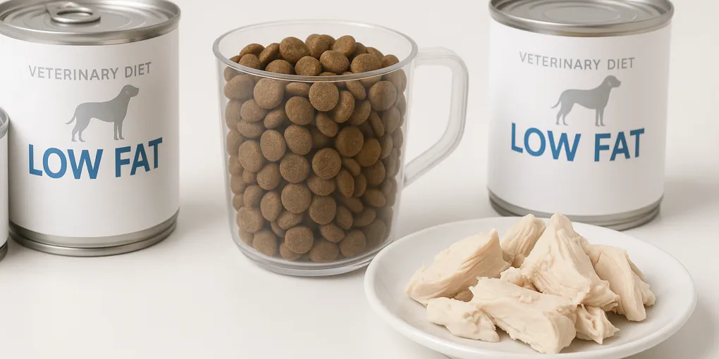 Veterinarian examining a dog with pancreatitis alongside a bowl of low-fat dog food
