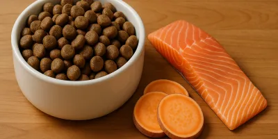 Dog food kibble in a stainless bowl with a calm dog resting beside it on a clean floor