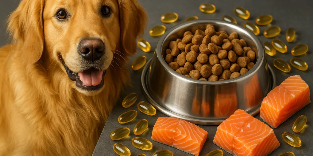 Shiny-coated healthy dog beside premium dog food bowl with salmon and vegetables on a clean surface