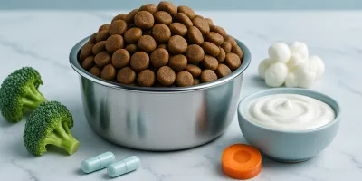 Premium dog kibble with visible health supplement pieces in stainless steel bowl