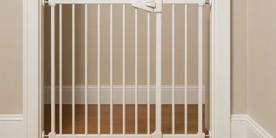 A sturdy white pressure-mounted pet gate blocking a staircase in a well-lit hallway