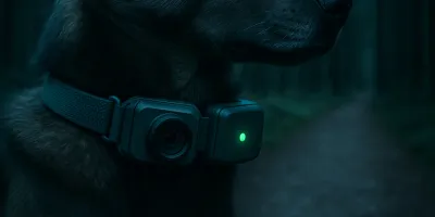 Dog wearing a GPS camera collar on a hiking trail, owner viewing live location on smartphone